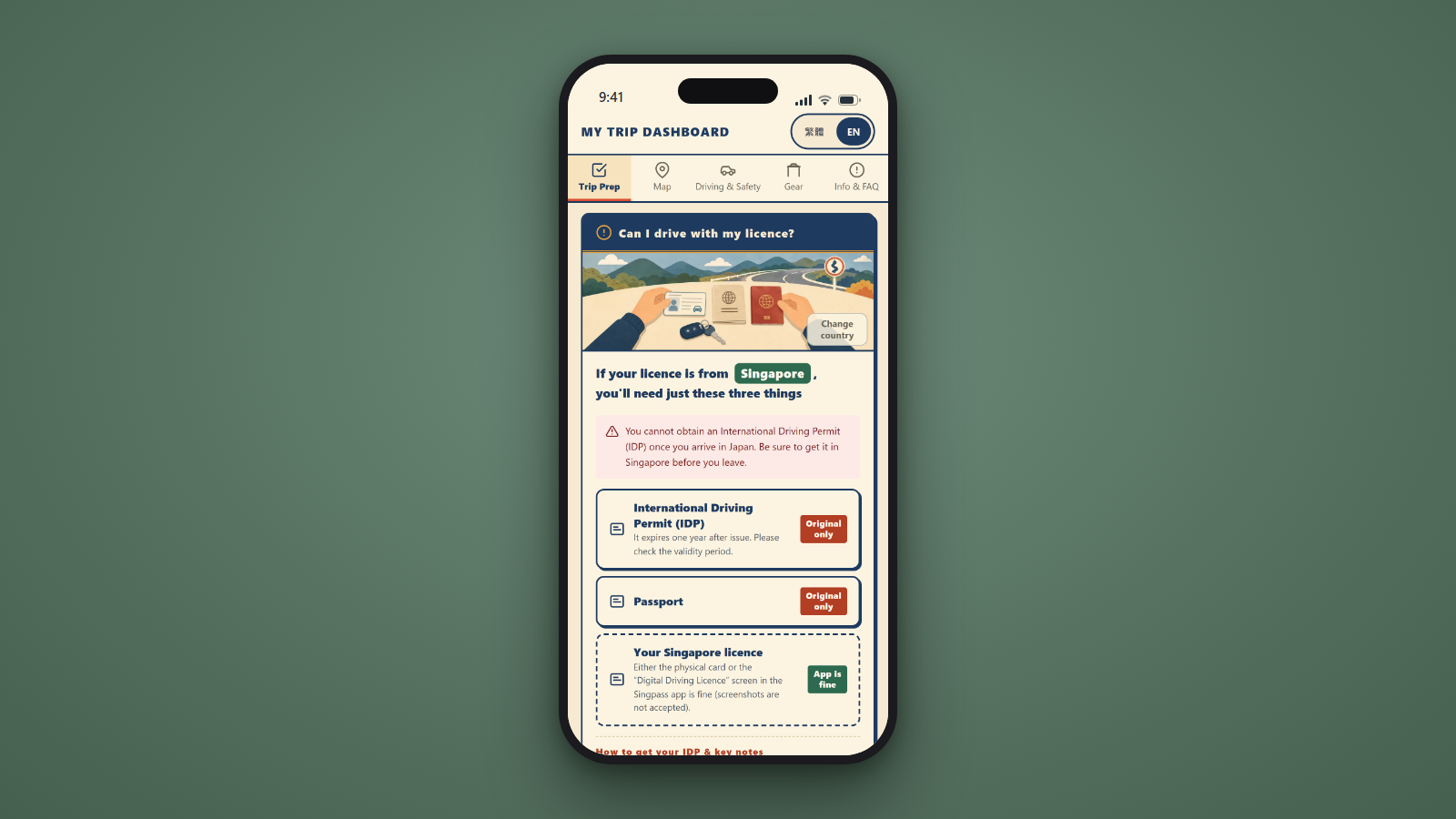 MyTrip Dashboard country-specific driver's license guide screen