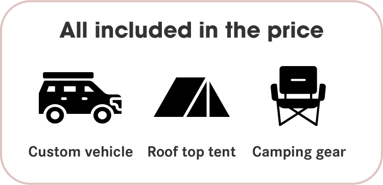 All included in the price: Custom vehicle / Roof top tent / Camping gear