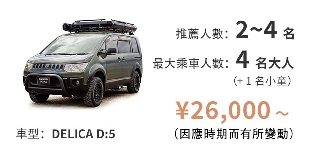 車型：DELICA D:5 / 推薦人數：2~4 名 / 最大乘車人數：4名大人（+1名小童） / ¥26,000 〜（因應時期而有所變動）