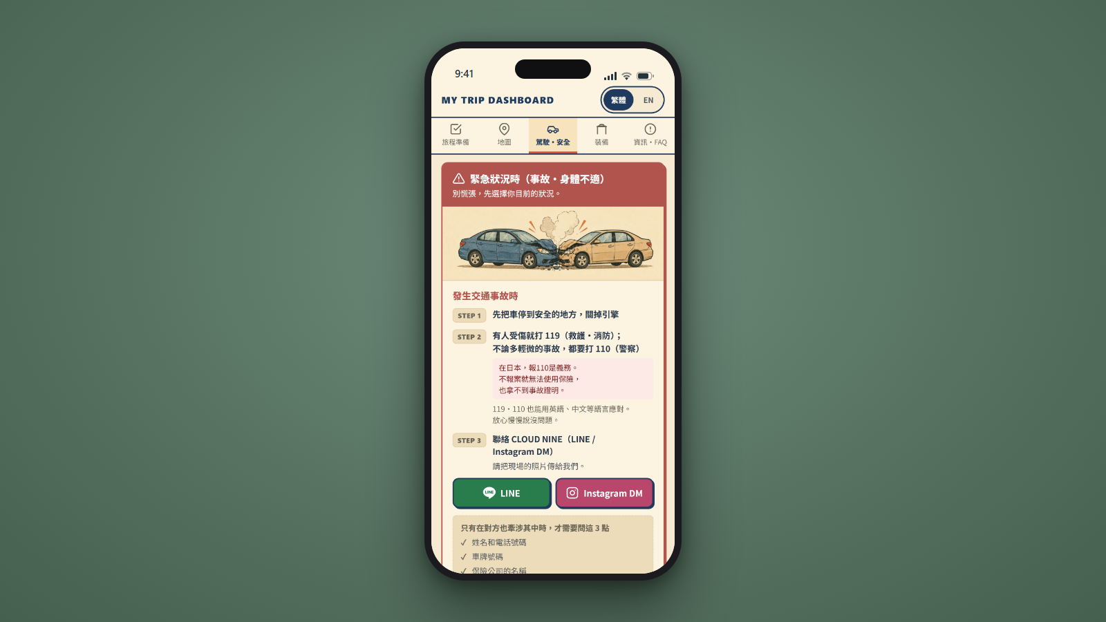 MyTrip Dashboard 緊急應變卡畫面